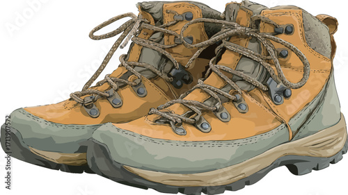 A pair of used yellow leather hiking boots are shown in the image.  The boots appear well-worn with visible dirt and wear on the leather and soles. They are lace-up boots with a muted grey-blue