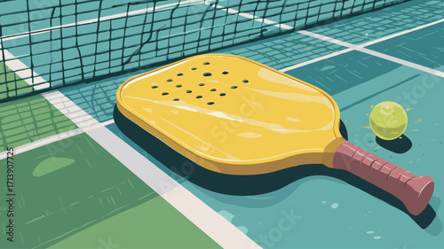 A stylized illustration depicting a yellow pickleball paddle lying on a pickleball court next to a yellow ball. The paddle is shown in detail, exhibiting its perforated surface and handle.