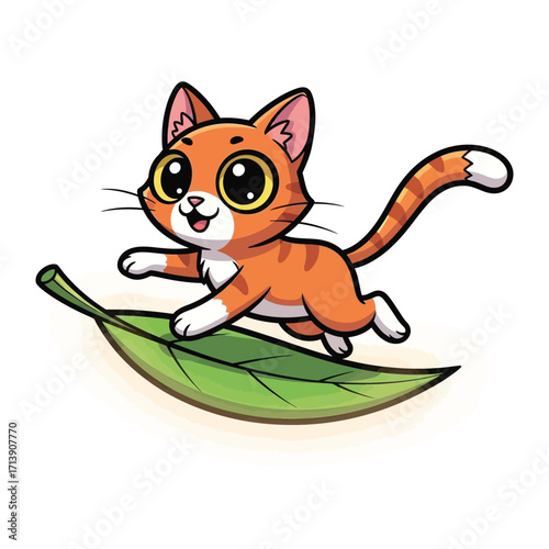 Playful Kitten on Leaf: A charming, animated kitten joyfully rides a leaf. Its bright eyes and striped coat radiate happiness and carefree fun, evoking a sense of childhood wonder.