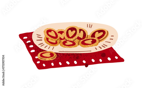 Plate of fresh baked cookies with fruit or berries jam. Tasty biscuits, dessert, sweet food for breakfast. Homemade bakery, delicious pastry. Flat isolated hand drawn vector illustration on white