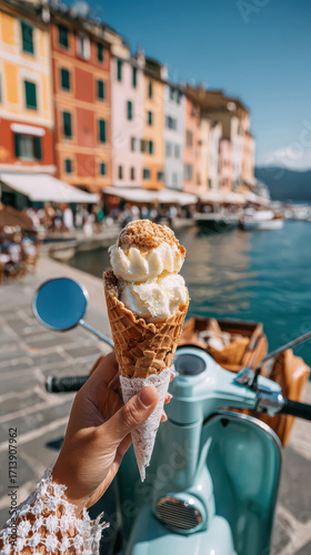 Enjoying Gelato: A delightful moment captured at a coastal town, where a person hand holds a scoop of gelato next to a scooter.