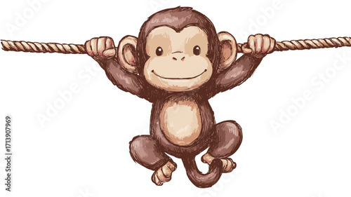 A digital illustration depicts a cartoon monkey with brown fur hanging from a thick brown rope. The monkey is depicted in a playful pose with a slight smile. The style is reminiscent of children's
