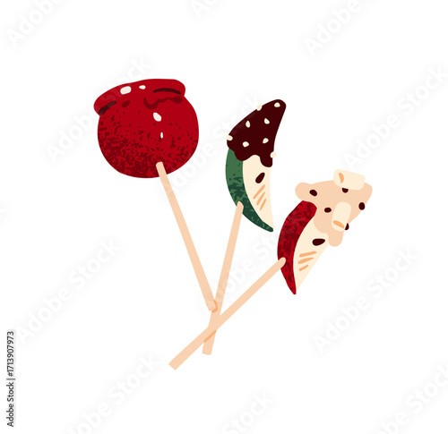 Hard candy, caramel, tanghulu on wooden stick. Fruit with chocolate on skewers. Lollypops, sweet dessert. Confectionery, tasty food. Flat isolated hand drawn vector illustration on white background