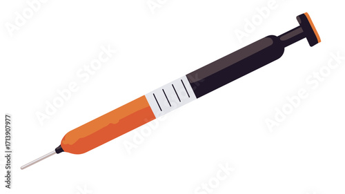 A digitally rendered image of a syringe. The syringe is primarily orange and black in color.  The barrel of the syringe is orange with a white label featuring evenly spaced lines. 