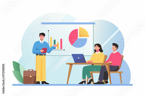 Business presentation with charts and graphs a man presents to two attentive colleagues in a modern office setting