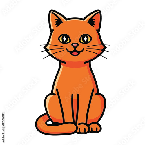 Cheerful Orange Cat: A vibrantly colored cartoon of an orange cat perches playfully, displaying its friendly demeanor through expressive eyes and a subtle smile. 