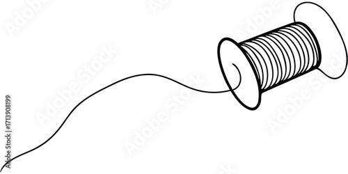 Black outline spool of thread with trailing string
