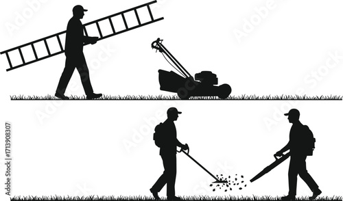 Lawn care worker silhouette, landscaping maintenance, yard work equipment, mowing grass, trimming weeds, blowing leaves, outdoor gardening service, professional