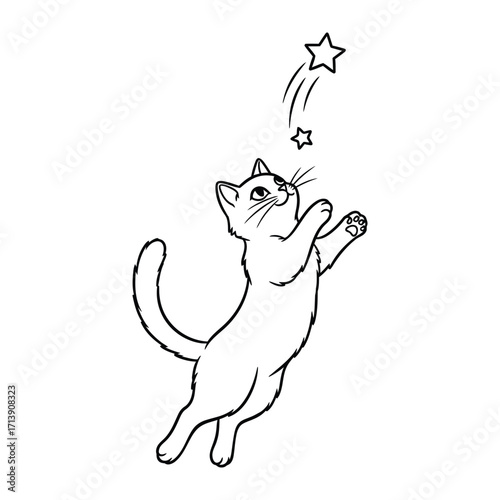 Dream Catcher: An adorable kitten joyfully leaps towards a radiant star, its innocent gaze fixed on the cosmic wonder, the epitome of childhood dreams and imagination.