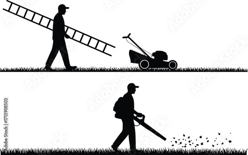 Silhouette, worker, carrying, ladder, lawn, mower, grass, maintenance, outdoor, yard, cleaning, leaf, blower, landscaping, autumn, debris, removal, gardening,