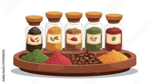 A digital illustration depicting a collection of various spices.  Five glass jars with cork lids contain different colored spice powders.  These jars are arranged on a dark brown, oval-shaped