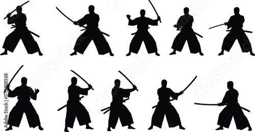 Samurai warrior silhouettes, martial arts poses, kendo fighter set, Japanese swordsmen, black vector outlines, combat stances, traditional ninja, fighting action, anime style, warrior collection