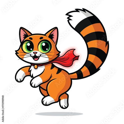 Cat Superhero: A charming cartoon illustration features a heroic feline soaring into action with a vibrant red cape, embodying courage and adventure.