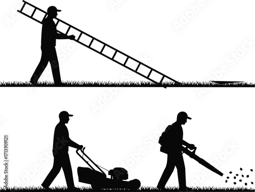 Outdoor maintenance silhouettes, ladder carrying worker, lawn mowing person, leaf blowing man, gardening, landscaping, yard care, seasonal cleanup, home exterior service, grass cutting, leaf removal