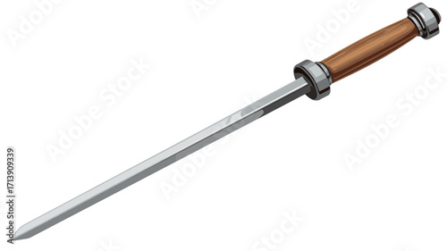 A digital illustration of a long, slender steel knife with a light brown wooden handle. The knife is depicted against a white background. The blade is straight and pointed, and the handle