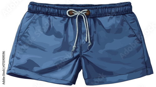 A close-up studio shot of a pair of men's blue swim trunks. The trunks are a solid dark blue color and have a drawstring waist. They appear to be made of a smooth, possibly nylon 