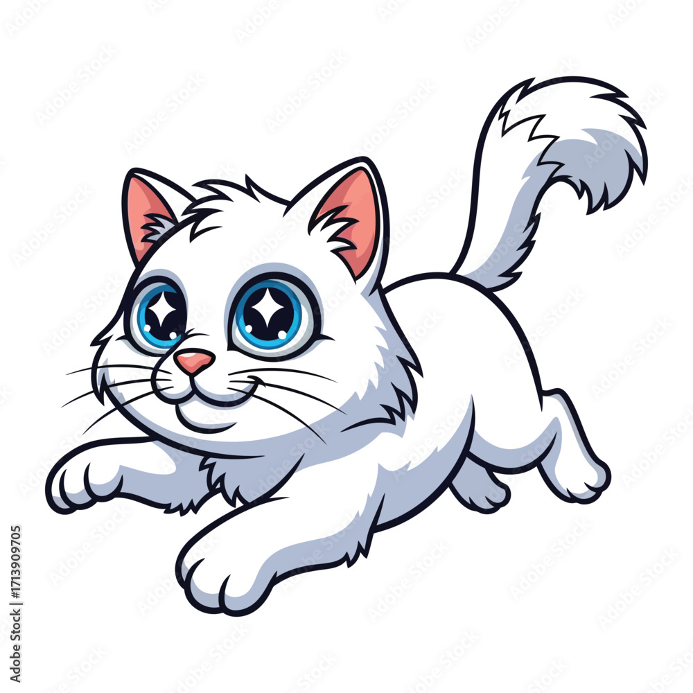 Obraz premium Playful White Cat: A charming cartoon illustration of a white cat with vivid blue eyes, depicted in mid-leap, showcasing its playful nature and energetic demeanor. 