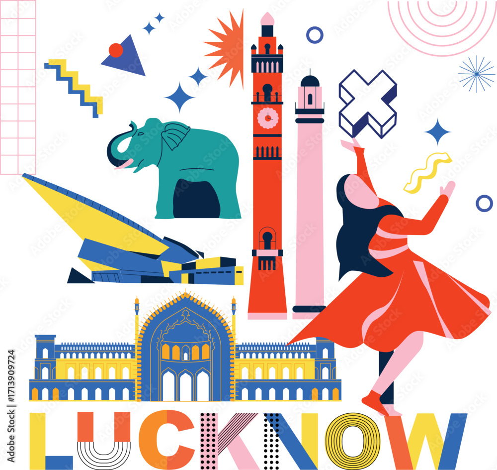 Obraz premium Typography word Lucknow branding technology concept. Collection of flat vector web icons. Asian culture travel set, architectures, specialties Memphis silhouette. Doodle Indians famous landmarks.