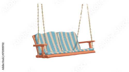 A full shot of a wooden porch swing with two cushioned seats. The swing is light brown wood and features simple, slightly curved armrests. The cushions are light blue and white with