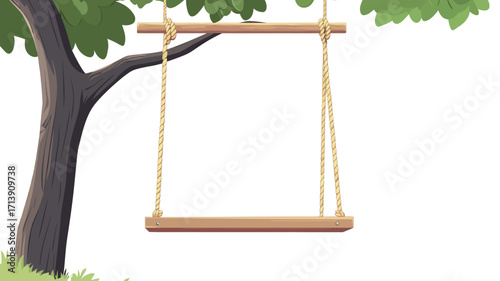 A digital illustration depicting a simple wooden swing hanging from a tree branch. The swing consists of a light brown wooden seat suspended by two yellowish ropes tied to a dark brown