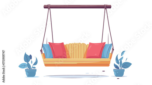 A digital illustration depicts a wooden porch swing with a yellow slatted seat and back. Three cushions �C two red and two blue �C are arranged on the seat.