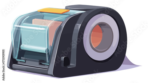 A 3D rendered illustration of a tape dispenser containing a roll of adhesive tape. The dispenser is primarily dark gray/black with translucent light blue/teal sections showcasing the