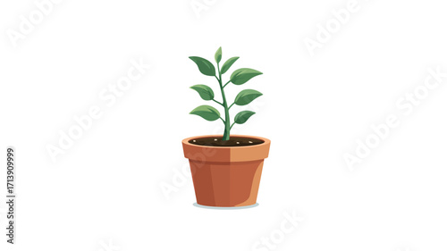 A digital illustration of a small potted plant against a white background. The plant has a slender stem with several small, ovate, green leaves.?It is planted in a short, cylindrical