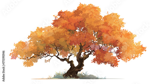 Digital painting of an isolated deciduous tree with vibrant orange and yellow leaves, rendered in a watercolor style against a white background. The tree has a thick, dark brown trunk and