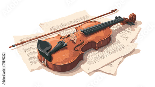A digital illustration depicting a violin and its bow resting on a stack of sheet music. The violin is rendered in a realistic style with warm brown tones, showcasing details like the