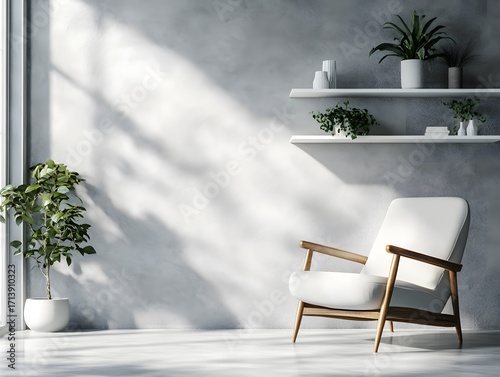 Modern Scandinavian open space interior featuring clean lines, functional furniture, and soft neutral tones, white chair in the interior