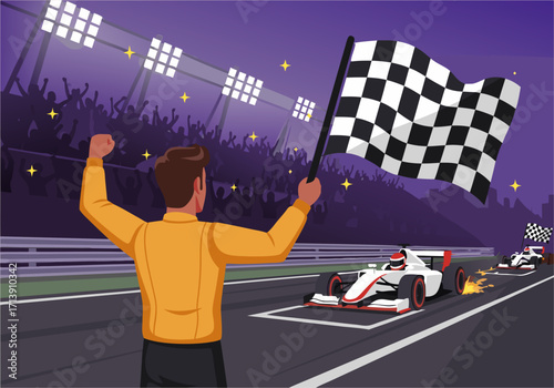 Race Victory Celebrating the Finish Line with Checkered Flag and Champion's Triumph