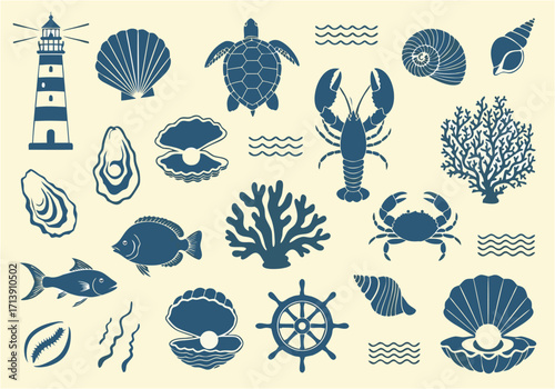 Maritime Vector Set Nautical Elements Featuring Sea Creatures and Lighthouse