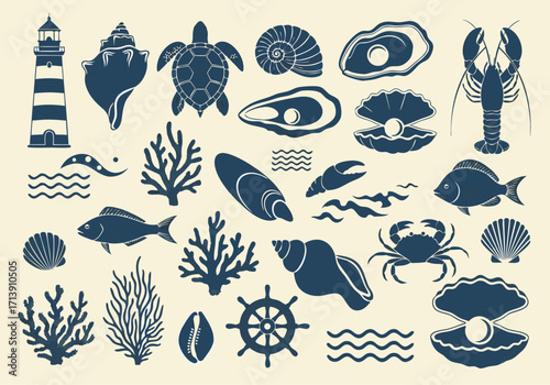 Vector collection of marine life, ocean creatures, shells, and nautical symbols for aquatic design projects