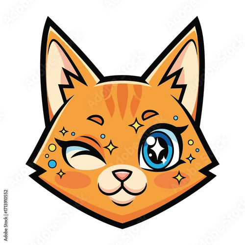 Whimsical Cat's Wink: Captivating illustration of an orange cat with striking, oversized eyes, winking playfully, exuding charm and friendliness.