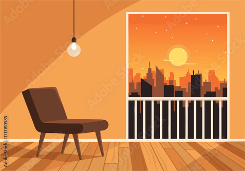 Modern living room interior with an armchair and a scenic city skyline view at sunset illustration