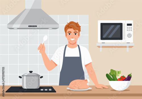 Smiling Man Prepares a Healthy Home-Cooked Meal in a Bright, Modern Kitchen Environment