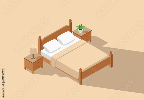 Cozy isometric bedroom illustration with minimalist furniture and warm color palette for comfortable living space design