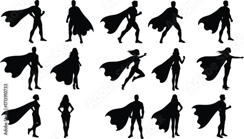 Superhero Silhouettes Collection, Male and Female Heroes, Dynamic Poses, Flying Capes, Vector Outlines, Action Figures, Comic Style, Heroic Characters, Isolated Black Shapes, Superpower Concept