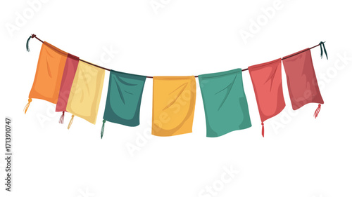 An illustration of a string of colorful fabric bunting hanging against a white background.  The bunting consists of several rectangular pieces of fabric in various colors, including