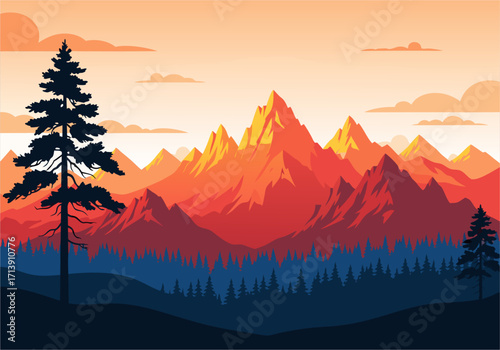 Vibrant flat design illustration of a majestic mountain landscape at sunset, showcasing a tall pine tree and a dense forest silhouette