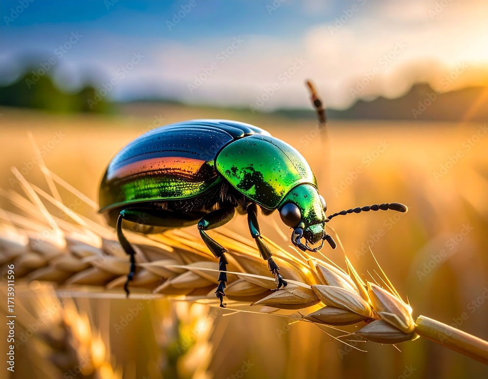 Naklejka premium Vibrant beetle on golden wheat