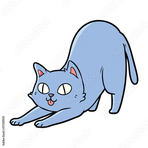 Playful feline Stretching: A cartoon cat shows stretch pose after resting with a cute smiling, playful and adorable expression, illustrating feline fun and relaxation in a delightful pose.