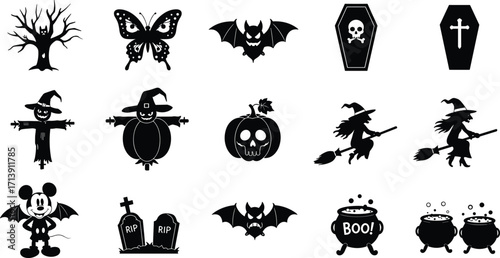 Halloween silhouette icons, spooky tree, witch, bat, pumpkin, skeleton, cauldron, coffin, gravestone, scary symbols, festive clipart, vector art