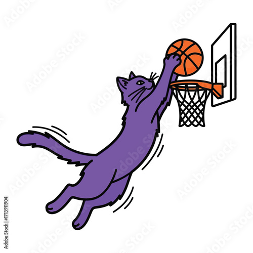 Cat Slam Dunk: A purple cat with incredible athleticism executes a slam dunk with finesse and passion in a dynamic and playful illustration, showcasing remarkable balance and precision.