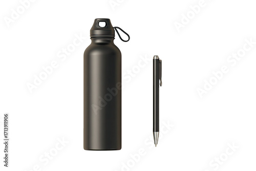 Dark, matte-finish water bottle and pen