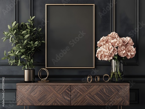 Minimalist Scandinavian living room interior design with natural wood finishes, soft neutral colors, and cozy atmosphere, wedding bouquet on a table