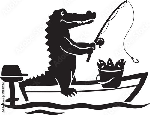 Alligator Crocodile fishing on a boat silhouette