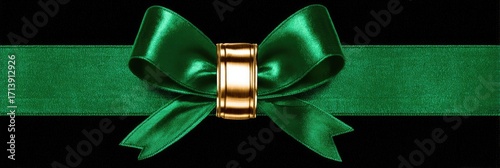 Emerald green satin ribbon bow with gold accent on black background