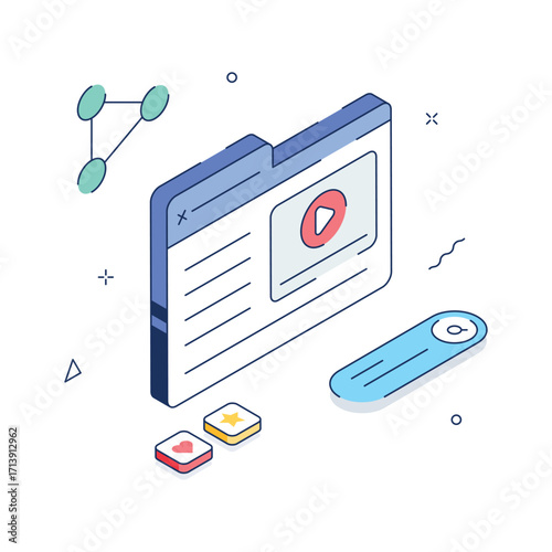 Isometric Illustration of a Webpage with Video Player and Social Media Interactions