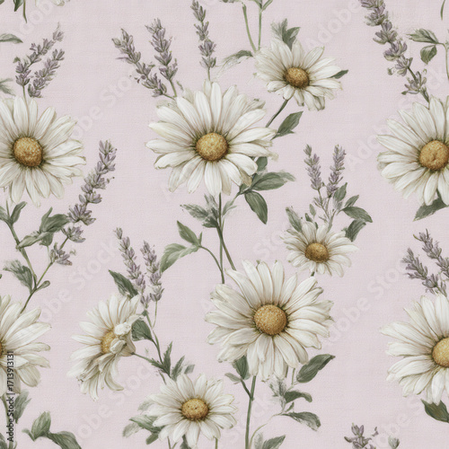 Soft Watercolor Daisies and Thyme Seamless Pattern for Backgrounds